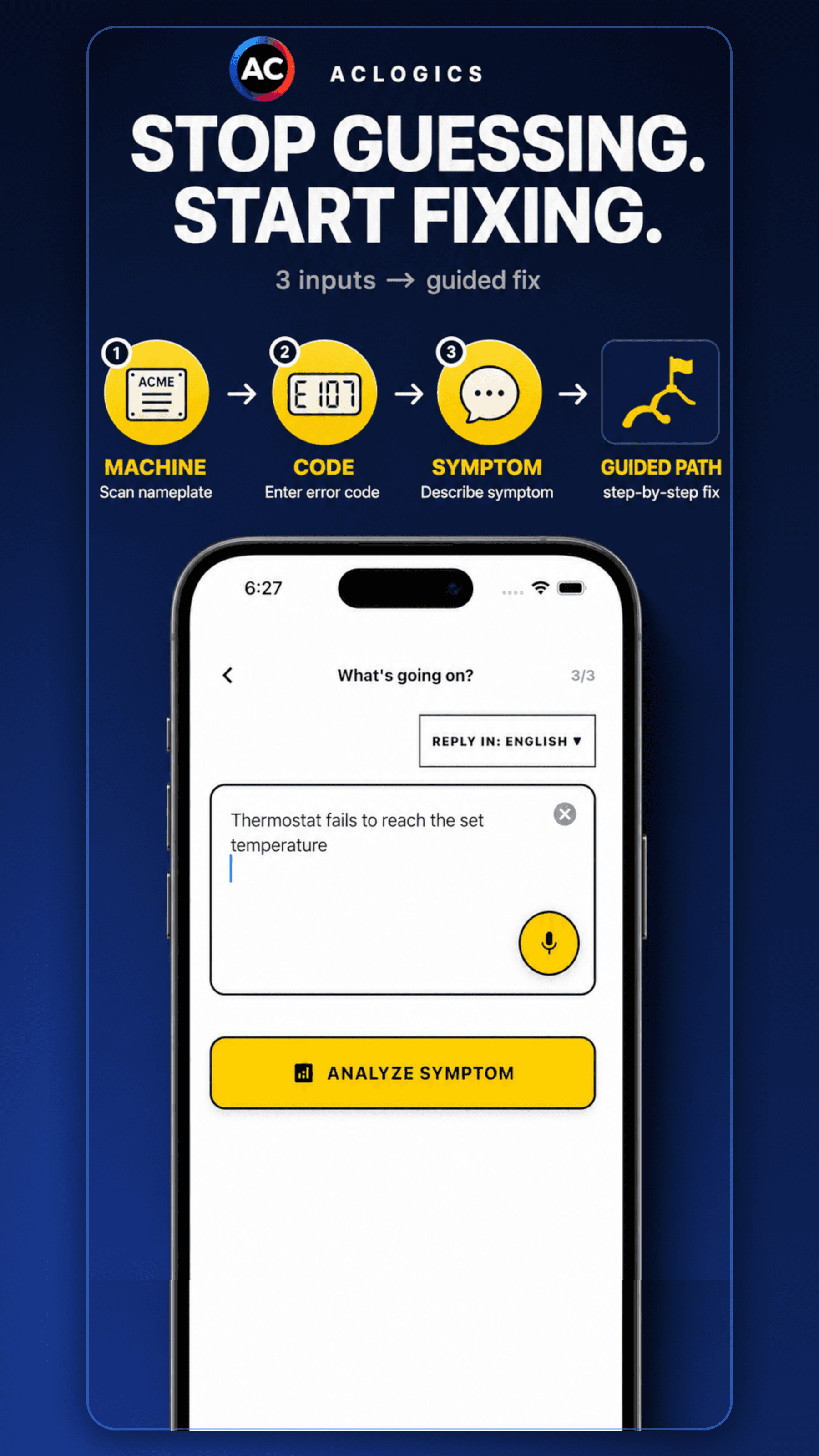 ACLogics guided HVAC diagnosis from machine details to a fix path