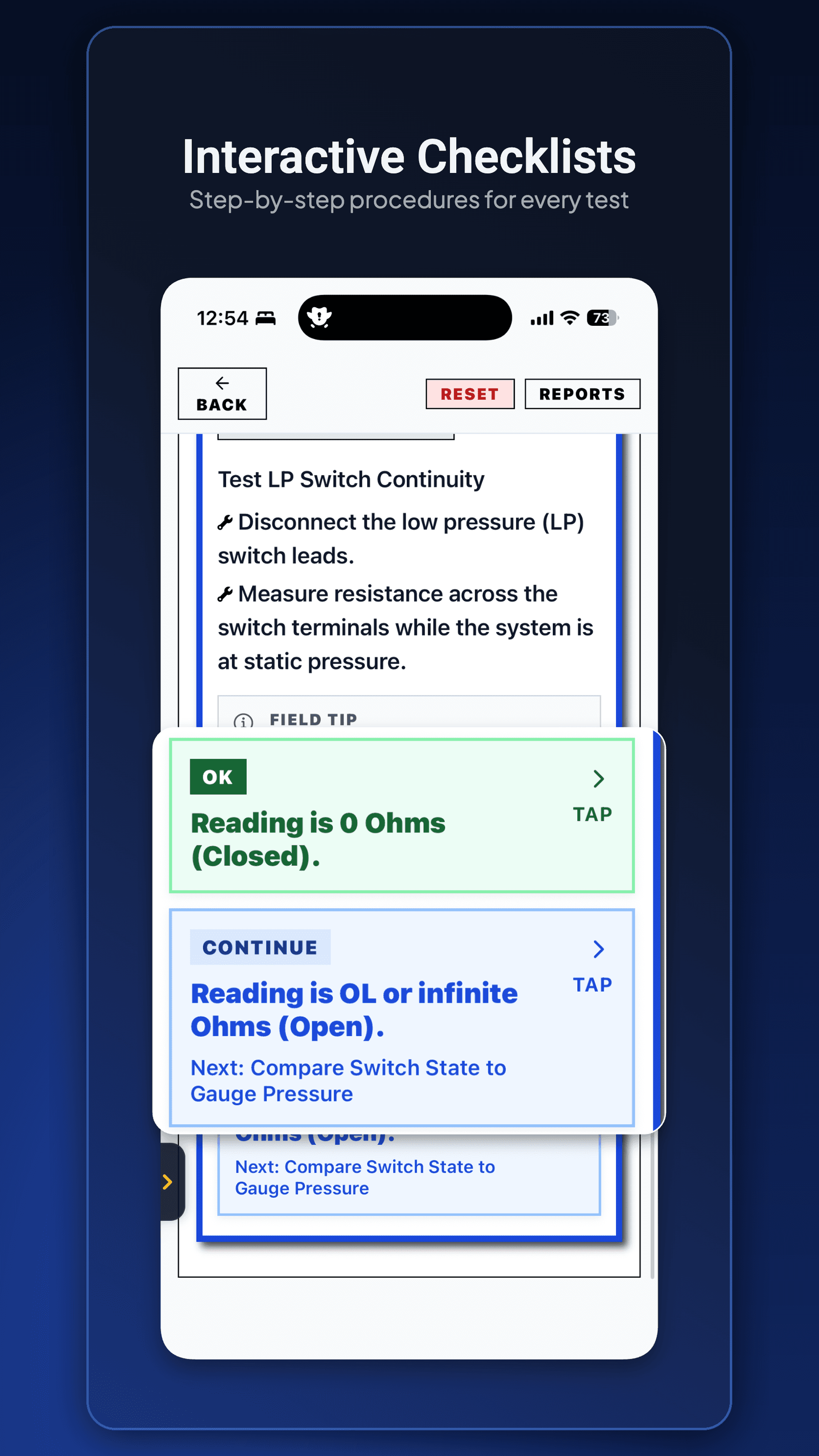 ACLogics interactive diagnostic checklist with guided test results